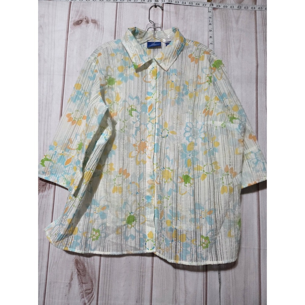 Ladies 1x Floral Button Down Shirt Top 3/4‎ Sleeve Lightweight Summer